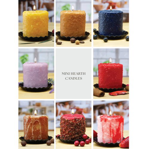 The image is a collage of nine different candles, each with unique colors and designs, arranged in a 3x3 grid.
