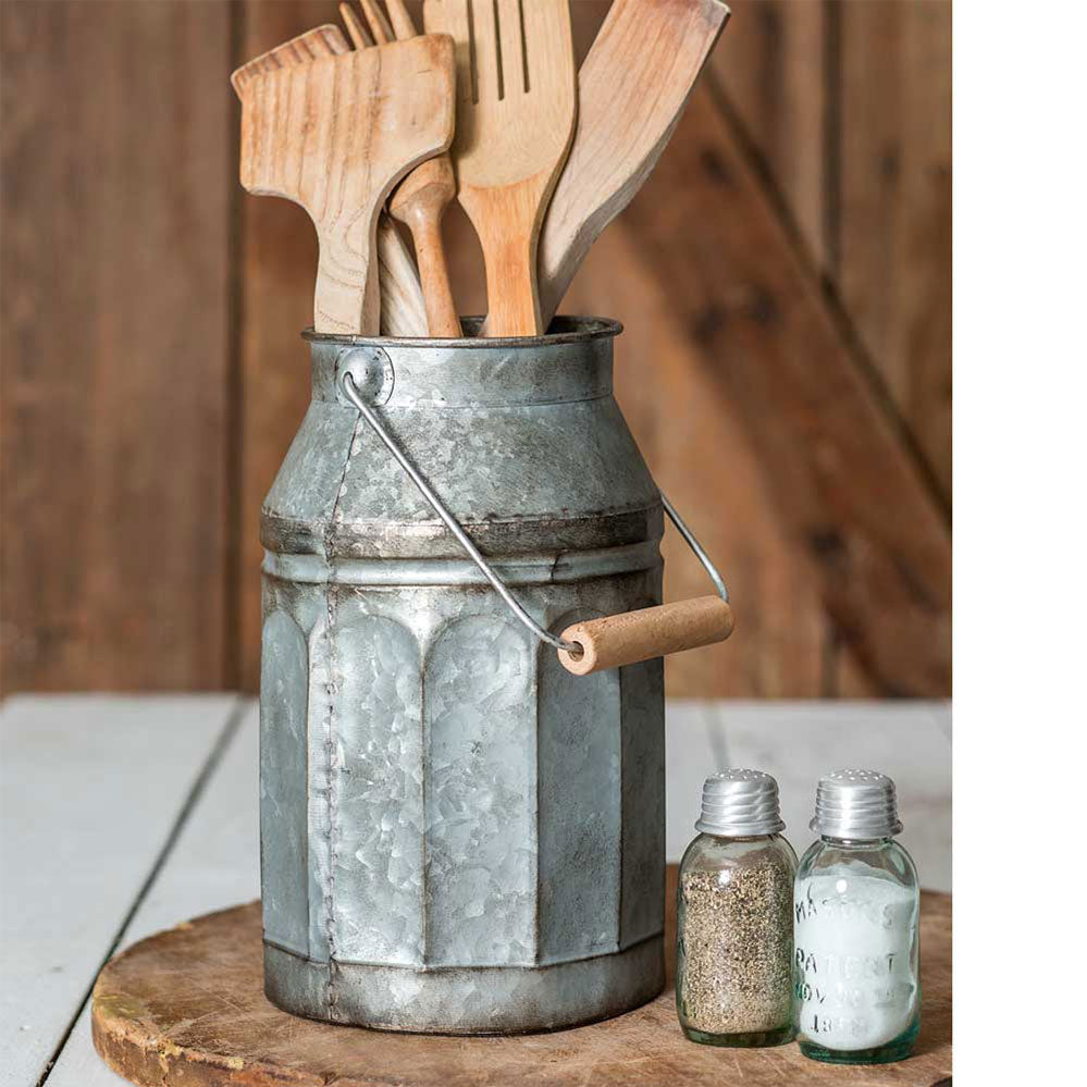 Galvanized Metal Milk Can with Wooden Handle – Farmhouse Kitchens