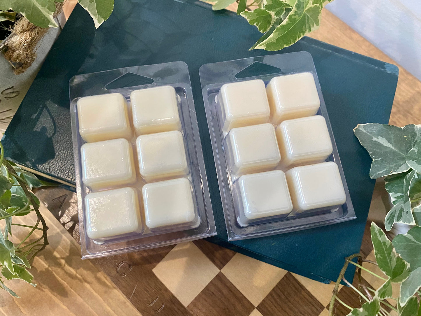 Two clear plastic containers filled with white, square-shaped wax melts are placed on a wooden surface, surrounded by green plants.