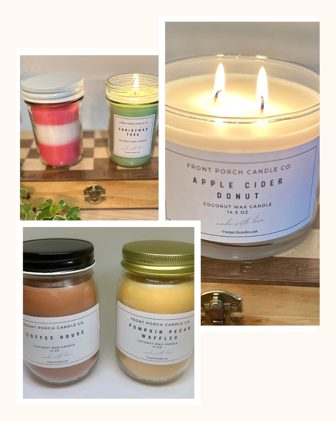 a collage of candles and jars with labels on them