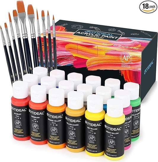 Acrylic Paint Set with 18- 2oz bottles of Paint and 10 Brushes, Suitable for Most Surfaces, Non Toxic